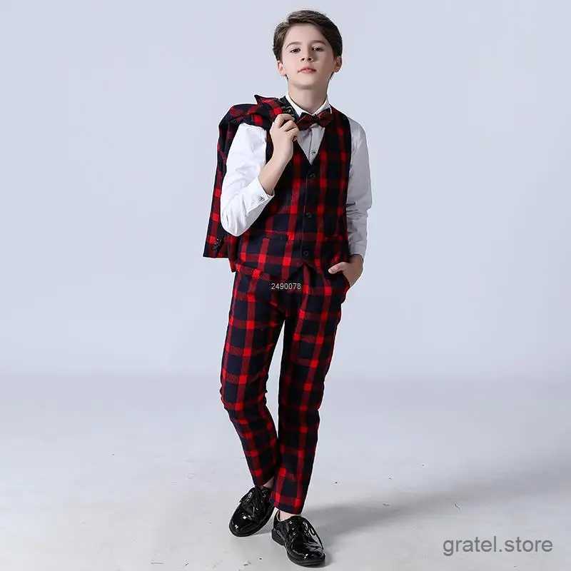 Suits Children Luxurious Wedding Suit Flower Boys Red Jacket Vest Pants Bowtie 4PCS Party Photograph Suit Kids Tuxedo Dress Costume