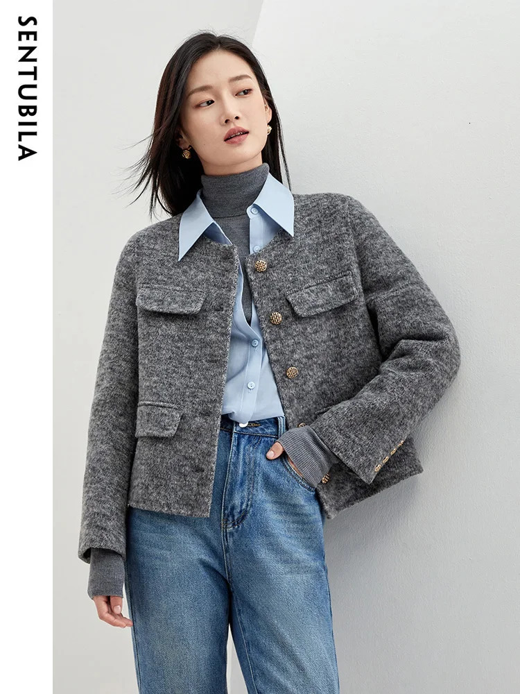 SENTUBILA Cropped Woolen Jacket Women 2024 Elegant Wool Blend Short Winter Coat Long Sleeve Doublefaced Outerwear W34O49414 241108