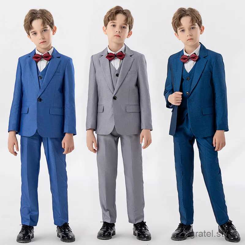 Suits Flower Boys Gary Blue Jacket Vest Pants Bowtie 4PCS Piano Party Dress Kids Ceremony Photograph Suit Children Performance Costume
