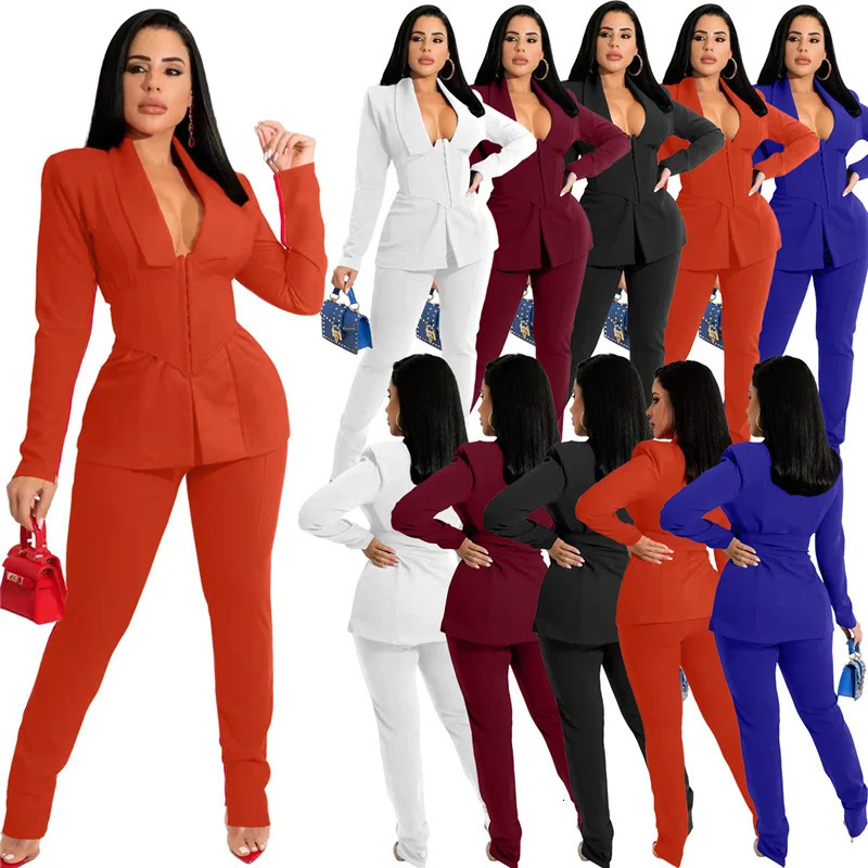 Elegant office ladies 2piece set womens suit tight corset jacket pencil pants business workwear matching uniform 241115