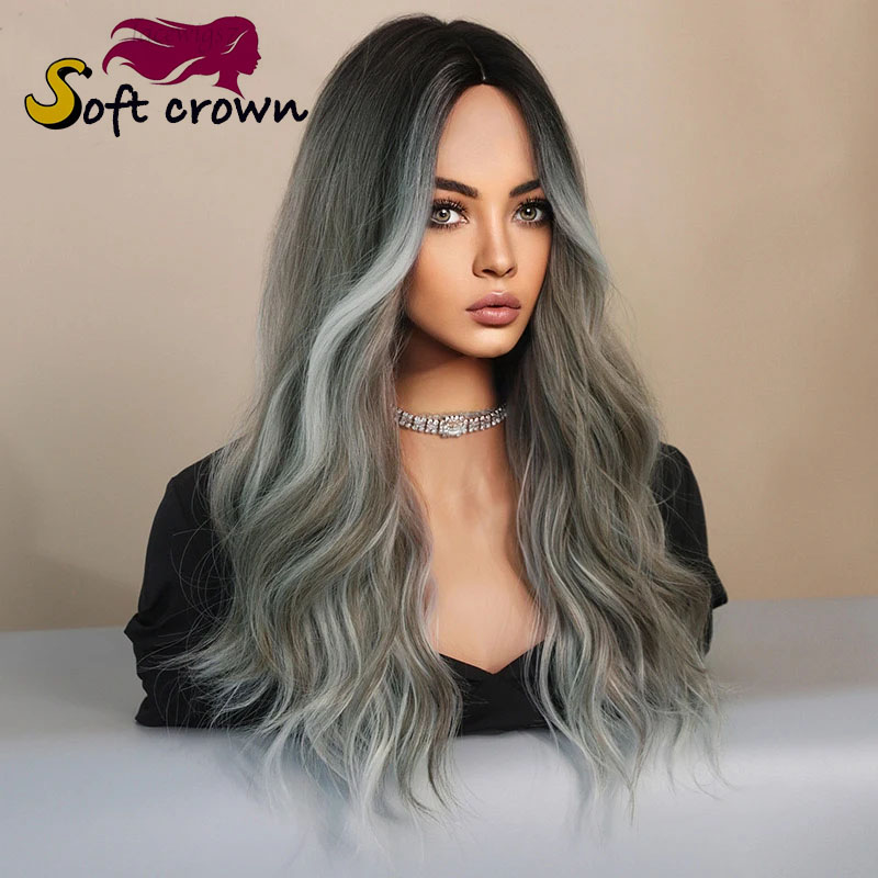 New for Ladies mid length wavy lace wig headpiece with gradient highlights Brown pink Purple hair girl cosplay synthetic wig