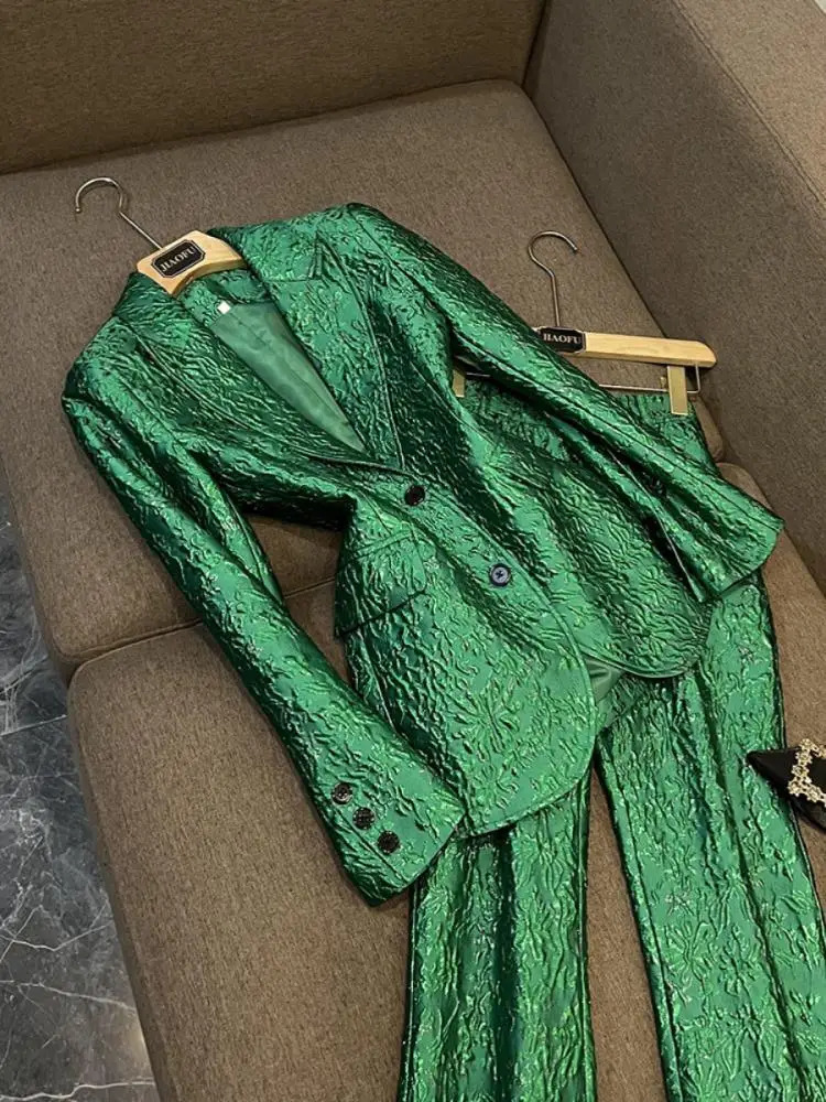 Green 3D sports jacket set performance stage classic jacquard embroidery pattern pants holiday womens clothing 241115