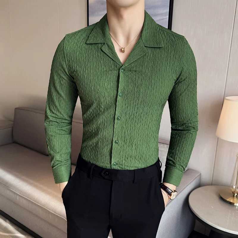 Men's Casual Shirts Long-sleeve Cuban Collar Shirt for Men British Style Slim Fit Mens Dress Spring Solid Social Chemise Homme Plus Size 4XL 2404