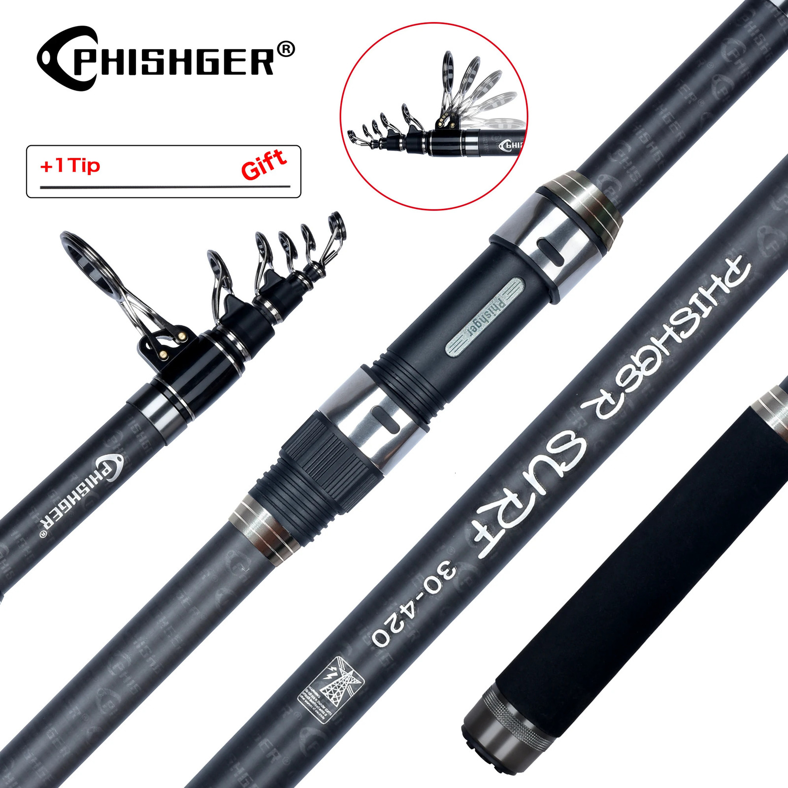 PHISHGER Telescopic Surf Spinning Rod 364245505 Power80150g 30T Carbon Travel Surfcasting Shore Casting Fishing Pole 241115