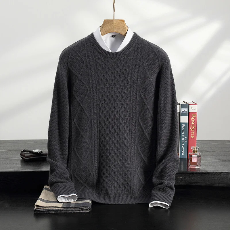 100% Cashmere Mens Three Layer Thick Twisted Heavy duty Round Neck Pulling Flower Long Sleeve Casual Knitted Bottom Warm Sweater 241115