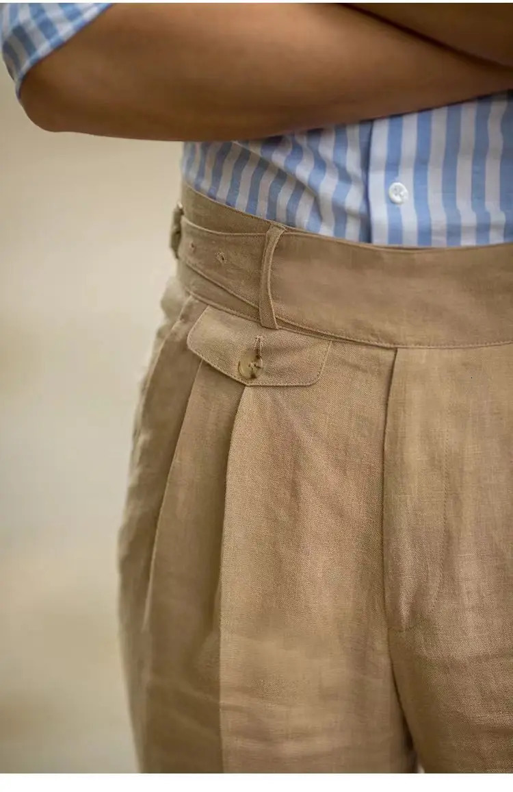 British Style Men Gurkha Linen Pant High Waist Straight AnkleLength Pants Spring Summer Quality Thin Casual Loose Trouser 240415