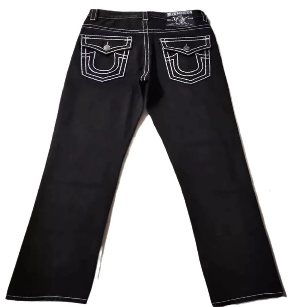 Y2K American high street fashion Buddha religious jeans black and white thick line mens straight leg casual pants 241115