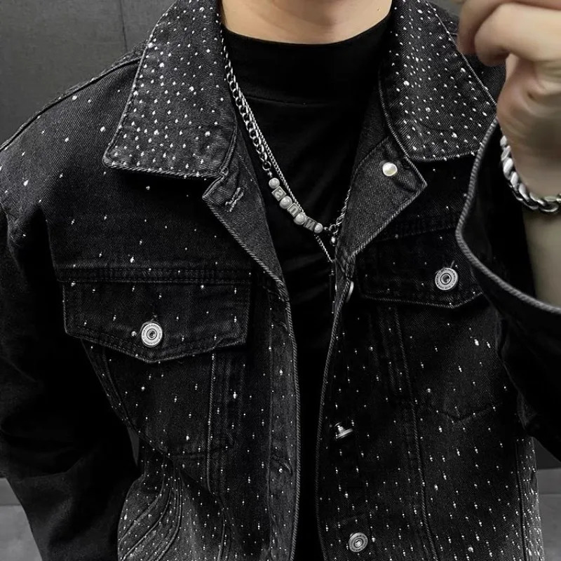 Mens single chest star studded diamond denim jacket with lapel and long sleeved Versatile loose denim jacket top 241115