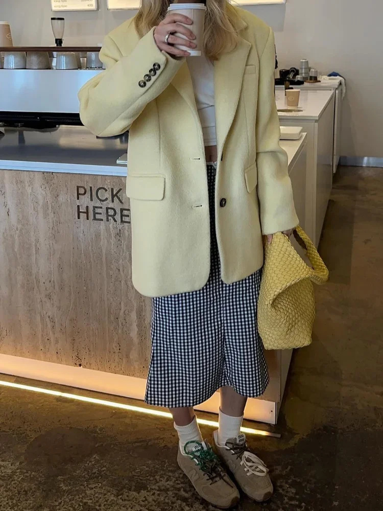 Yellow Elegant Collar Wool Blended Jacket Womens Unique Single Chest Long Sleeve Pocket Jacket Womens Office Street Jacket 241115