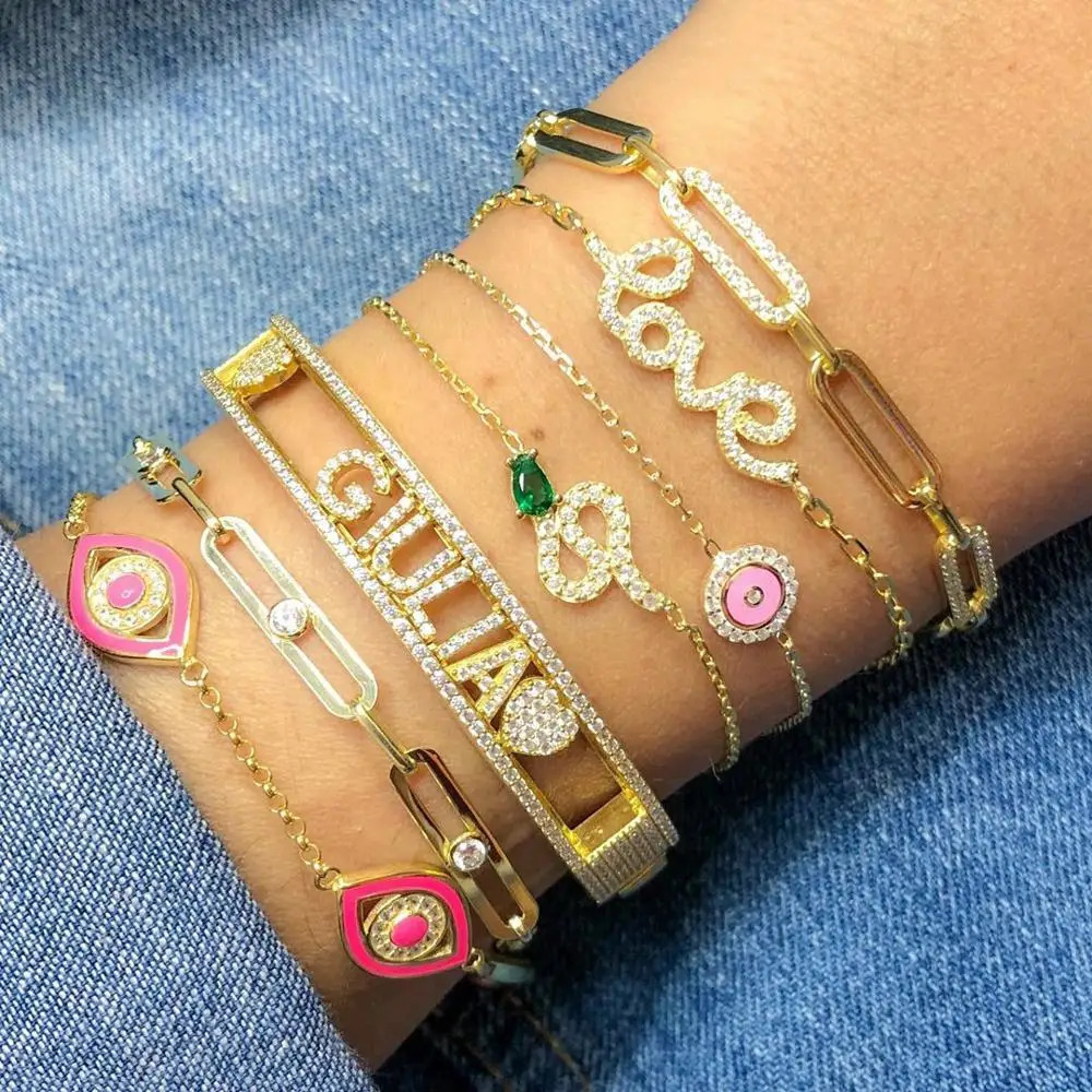 Custom Personalized Name Bangle Letters Heart Evil Eyes Charm Bracelet Ice Out Pave 5A Shiny Cz for Woman Jewelry Gift 240416