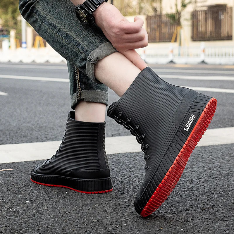 Fashion Mens Rain Boots Rubber Gumboots Slip on Midcalf Waterproof Working Boots Comfort Red Nonslip Fishing Shoes for Men 241115