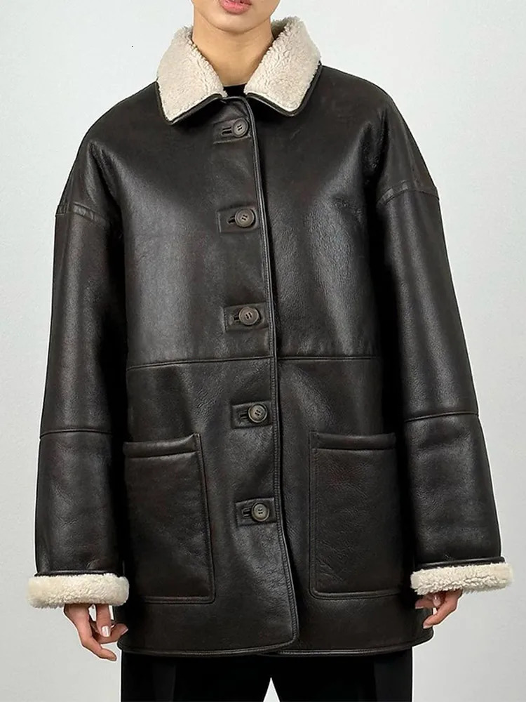 Classic Black Lapel Collar Woolen Warm Leather Jacket Fashion Single Breasted With Pocket Coat 2024 Winter Woman Wear 241115