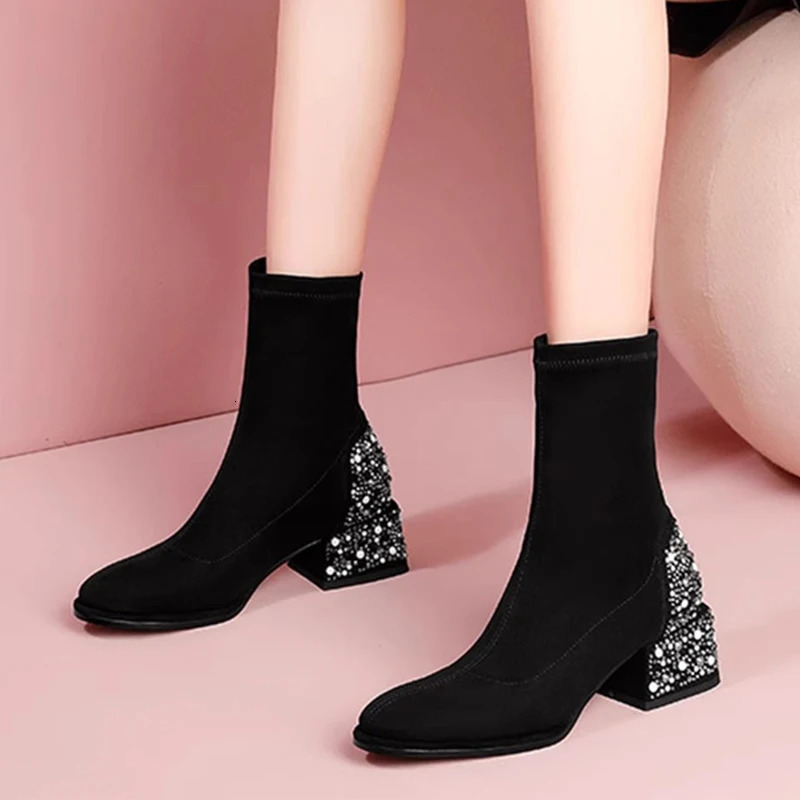 Crystal Womens Ankle Boots Winter Suede High Heels 2025 Thick Skirt Pump Snow Boots Chercibotas Mujer 241115