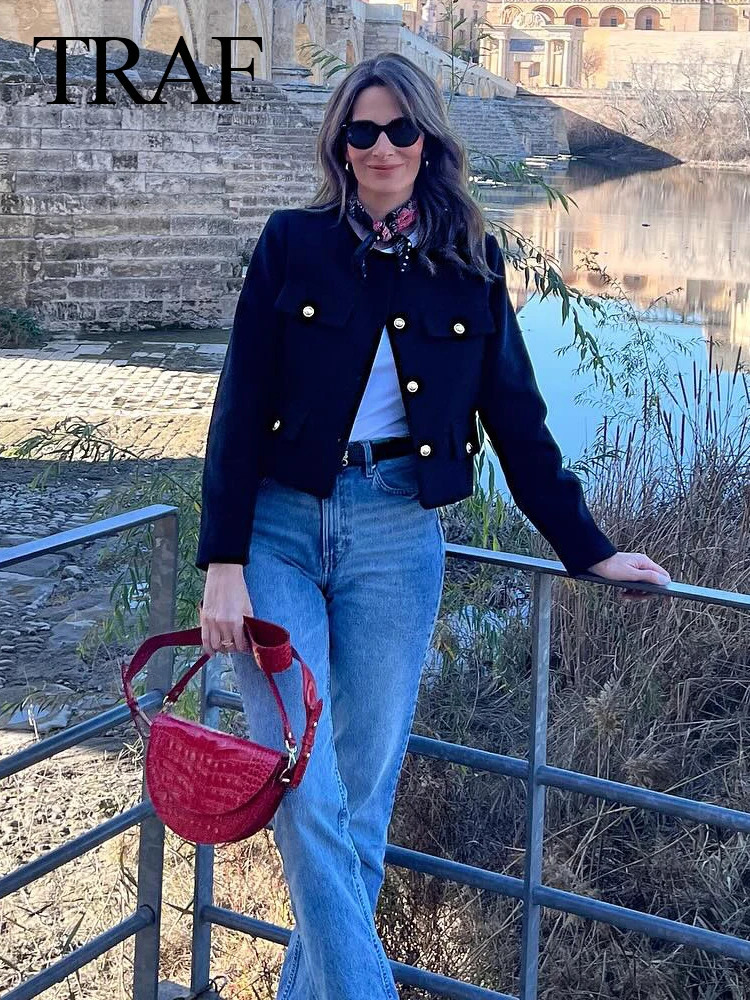 TRAF 2024 Fashion Women Bomber Cropped Jackets Female Golden Button Blazer Spring Womens Chic Streetwear Outwear Top 241108