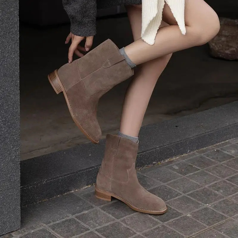 MORAZORA 2025 Genuine Leather Boots for Women Square Middle Heel Retro Denim Suede Western Style Boots Pulled onto Denim Boots Womens Shoes 241115