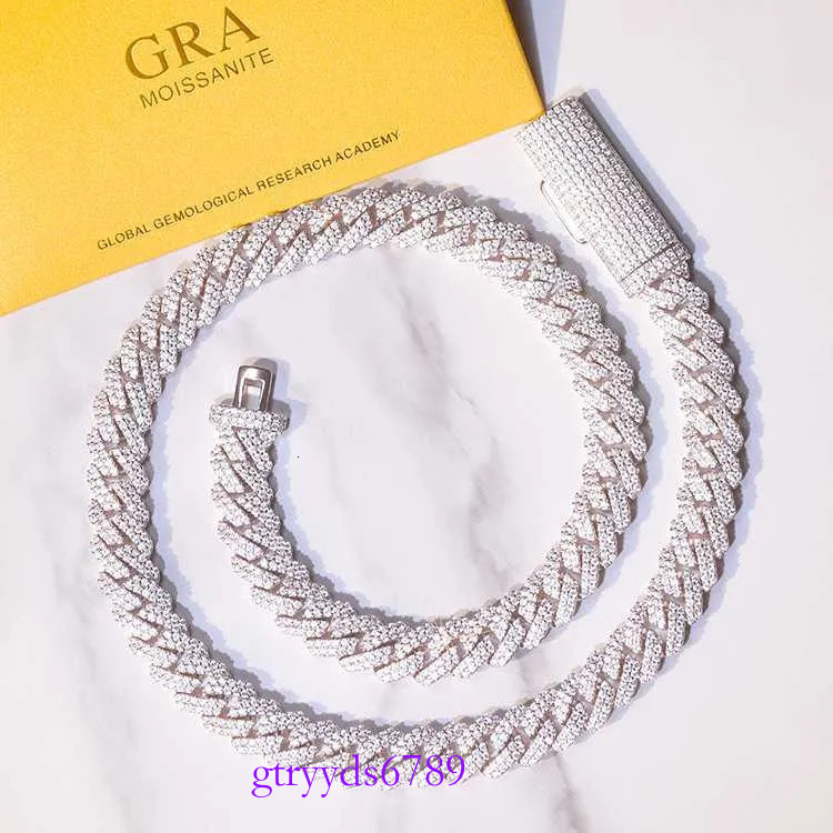 S Solid Sier Chain Jewelry 2rows 10mm 12mm Width GRA Moissanite Dia Cuban k chain Hip Hop Necklace