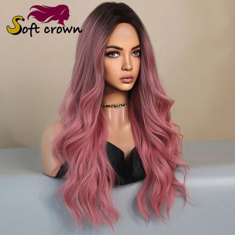 New for Ladies mid length wavy lace wig headpiece with gradient highlights Brown pink Purple hair girl cosplay synthetic wig