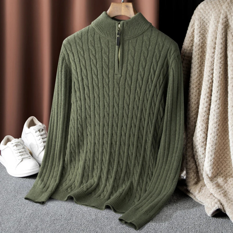 Mens Solid Color Turtle Neck Top Autumn/Winter Zipper Pulling Sweater Elastic Sweater 241112