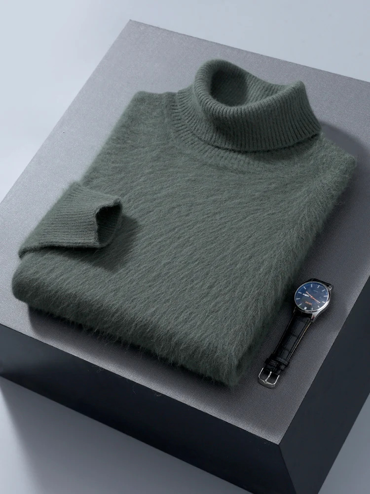 100% mink cashmere mens turtle neck sweater autumn winter thick classic solid loose knit clothing 241115
