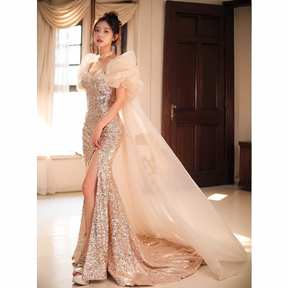 Sexy Sequined Lace Wedding Dresses 2024 New Mermaid Side Split Tulle Robes De Mariage Ruched Long Off Shoulder Sleeves Trumpet Bridal Gowns 0510