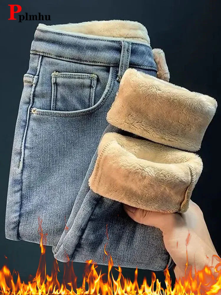 Winter Lambwool Womens Slim Pencil Jeans Warm High Waist Leggings Vaqueros Casual Moms Fleece Thicken Denim Pants Snow Velvet 241115