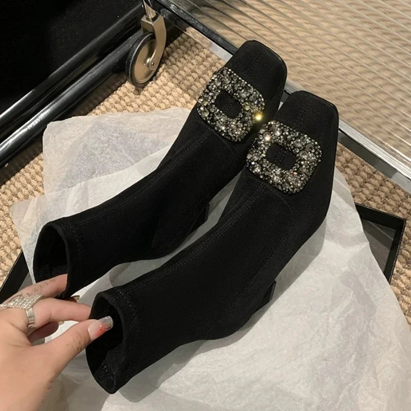 Womens Crystal Ankle Boots Suede Short and Fat Square Toe Shoes 2024 Winter Trend Elegant Party Pump Selling Womens Botas 241115
