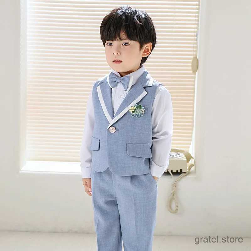 Suits Children Summer 1Year Birthday Photography Suit Flower Boys Vest Pants Bowtie Ceremony Costume Kids Evening Party Wedding Dress