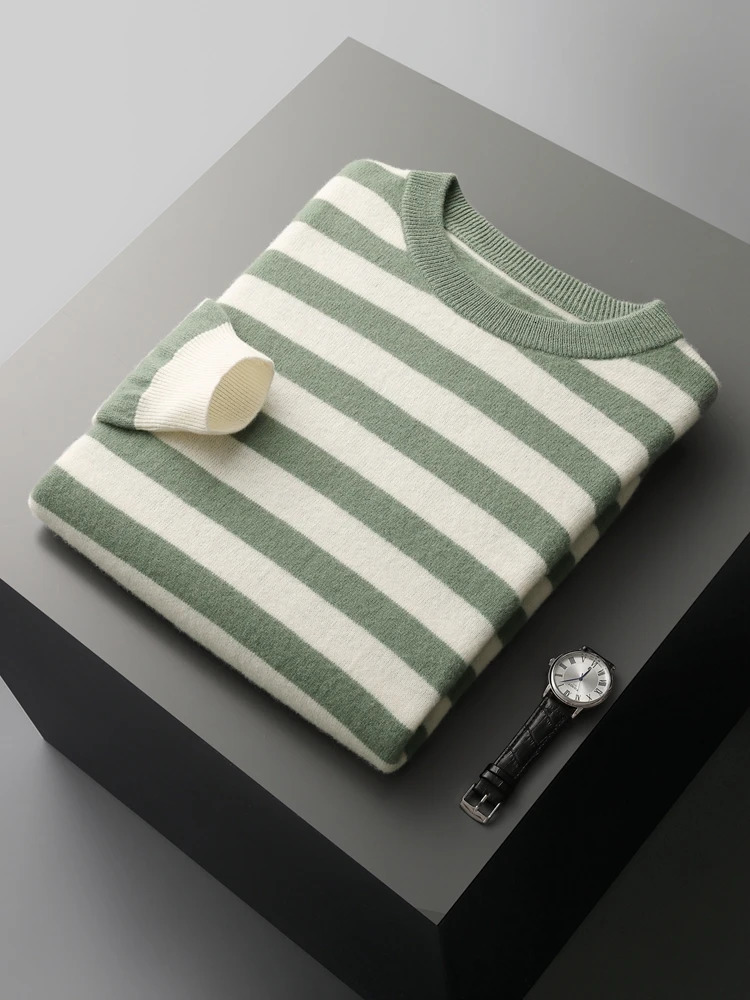 CHICOU Autumn Mens Oneck Striped Wool Pullover Basic Casual Long Sleeve Cashmere Sweater 100% Merino Knitted Top 241115
