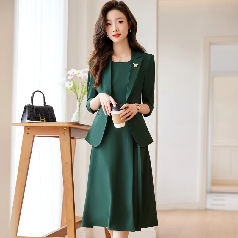 Elegant professional womens clothing fashionable minimalist style showcasing workplace dresses paired with jackets in the set 241115