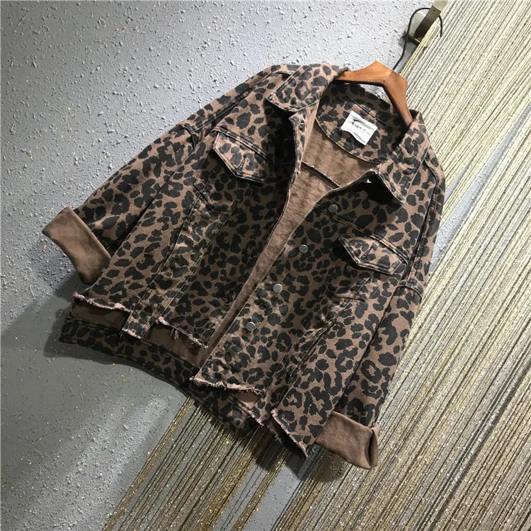autumn leopard print loose BF lapel long sleeved denim jacket short coat womens denim jacket top Y2K winter coat 241115