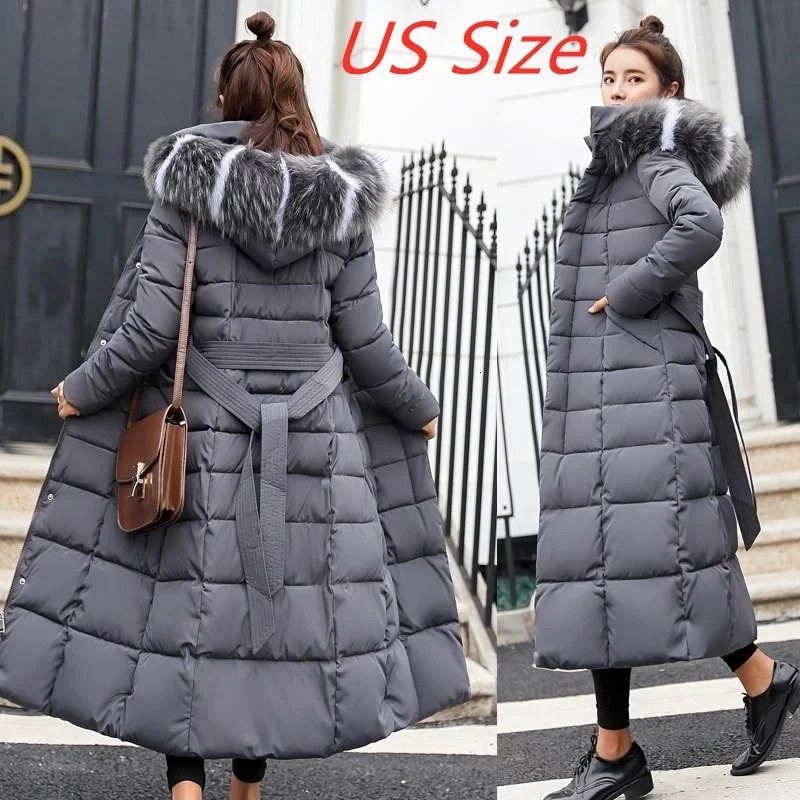 Fashion Women Winter Warm Bow Belt Fox Fur Collar Long Down Coat Outside Dress Thick Jacket 241115