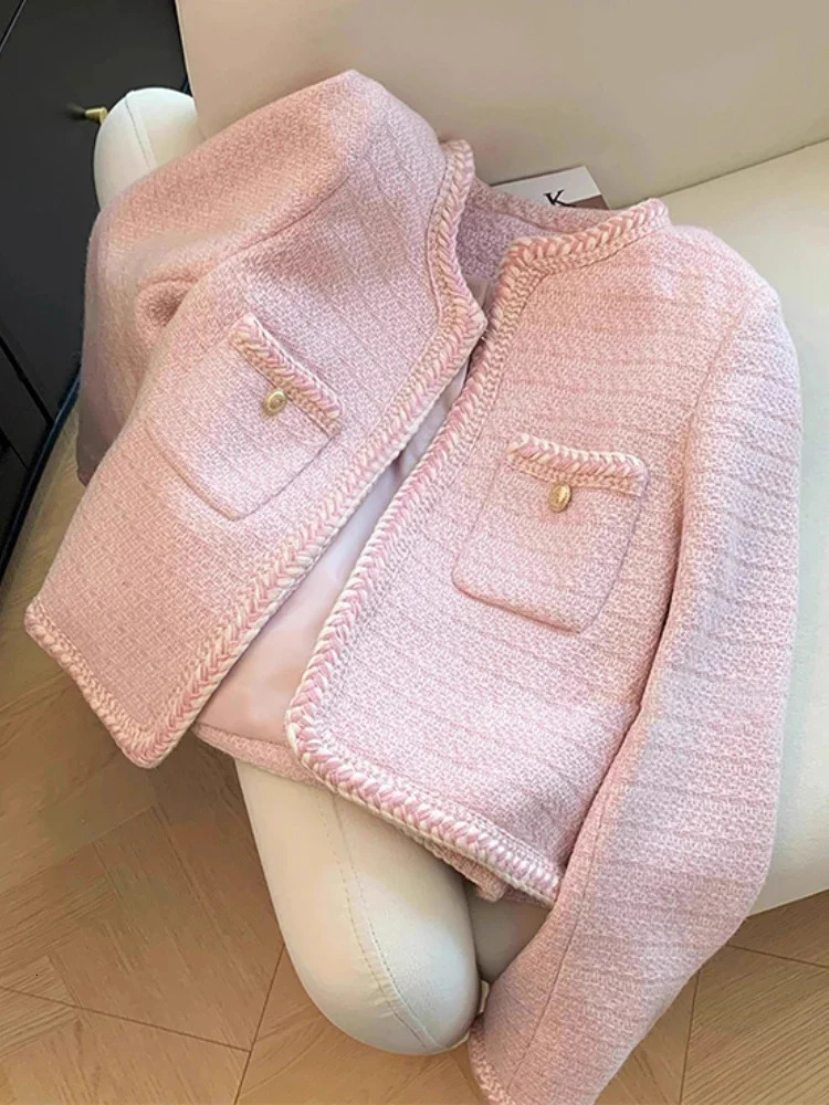 Korean fashion O-neck short jacket for autumn and winter pink sweet coarse tweed jacket 241115