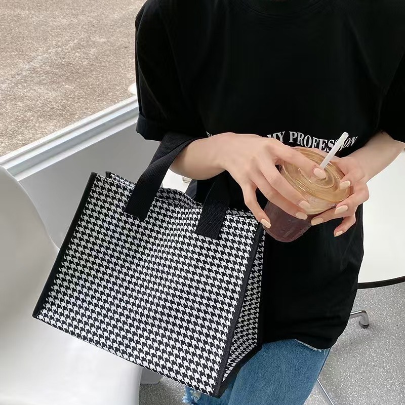 Designer Fashion Thousand Bird Grid Large Capacity Canvas Waterproof Handbag Portable Shopping Open Outing Tote Bag