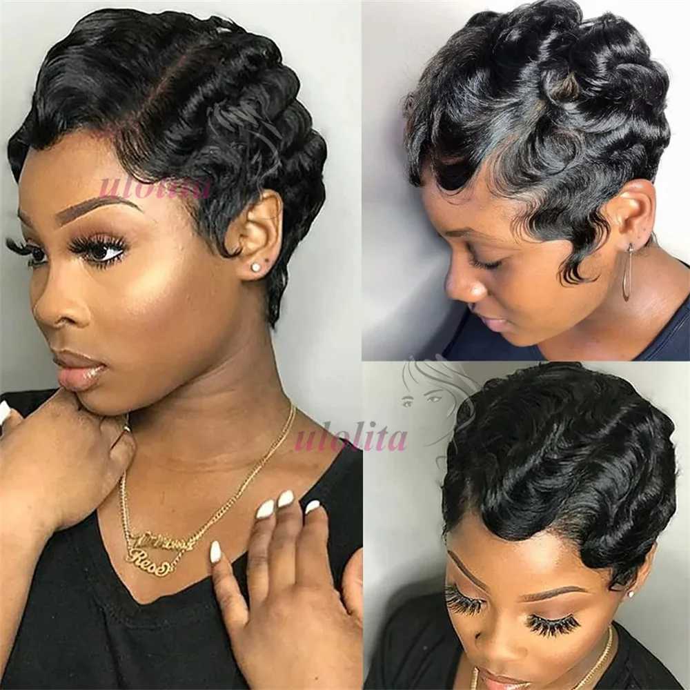 Cutting Finger Wave Short Bob Wig Suitable for Black Female Human Hair Ocean Wave Short Indian Human Hair Wig 13X1 Lace Front Wigs W241116