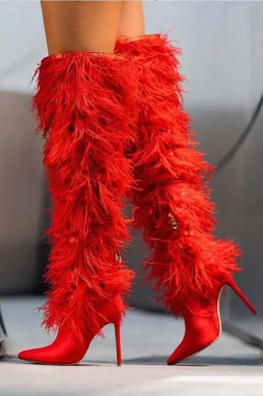 2024 foreign trade new pointed thin heel super high heels ostrich fur runway sleeve plus plus size hairy long boots knee high women's boots