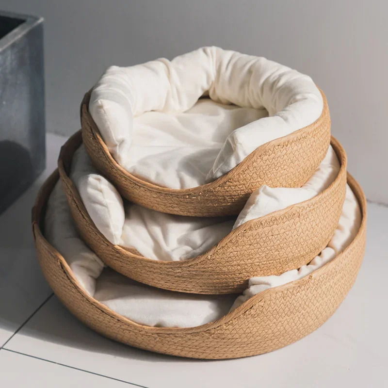 Pet cat cushion dog bed sofa handmade bamboo weaving comfortable for all seasons nest basket waterproof detachable cushion bedroom 241115