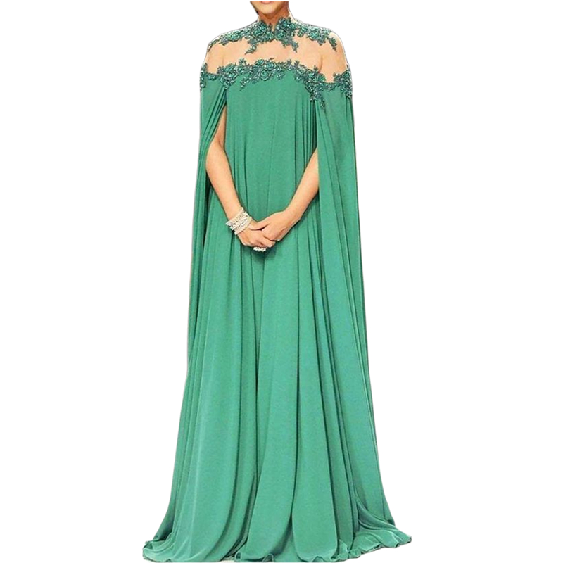 Elegant Arabic Green Long Evening Dresses Cape Sleeves Lace Appliques Illusion High Neck Chiffon Formal Occasion Dress For Women 2024 Sexy Prom Gown
