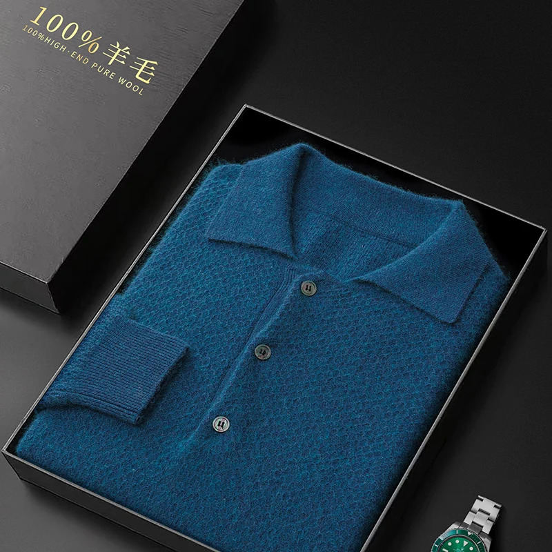 Autumn and winter 100 pure wool mens long sleeved polo neck honeycomb cashmere knitted youth business casual sweater 241112