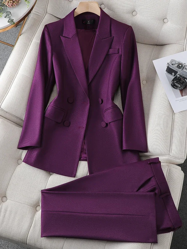 Womens Business 2piece Jacket Set Long Sleeve JacketTrouser Pants Blue Purple Black Office Dress 5XL 241115