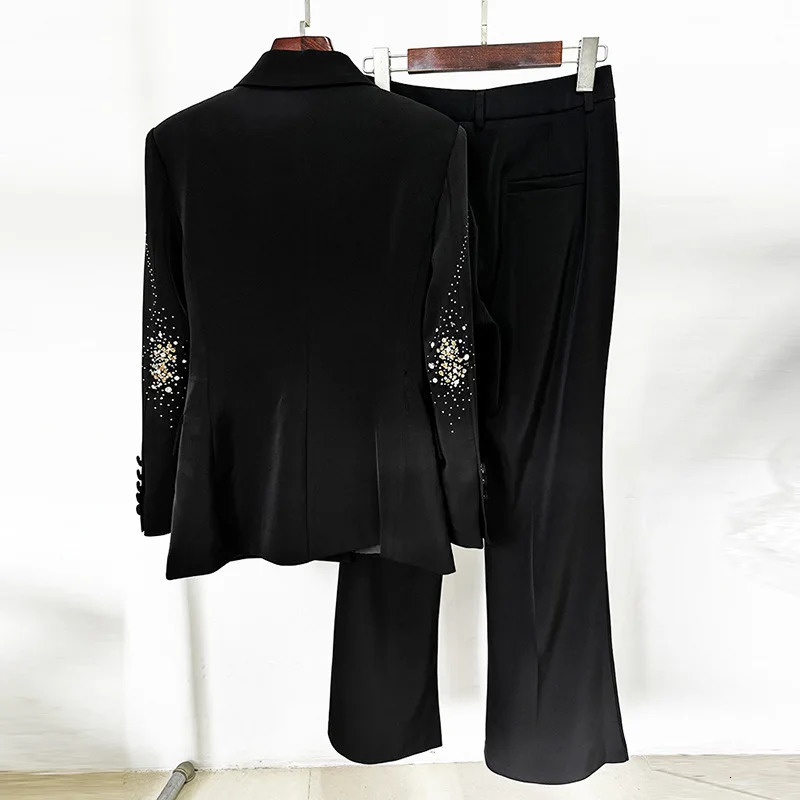 Get Spring Womens Pants Set Autumn Collection Beaded Diamond Black Jacket Coat High Waist Long Flash Two Piece 241115