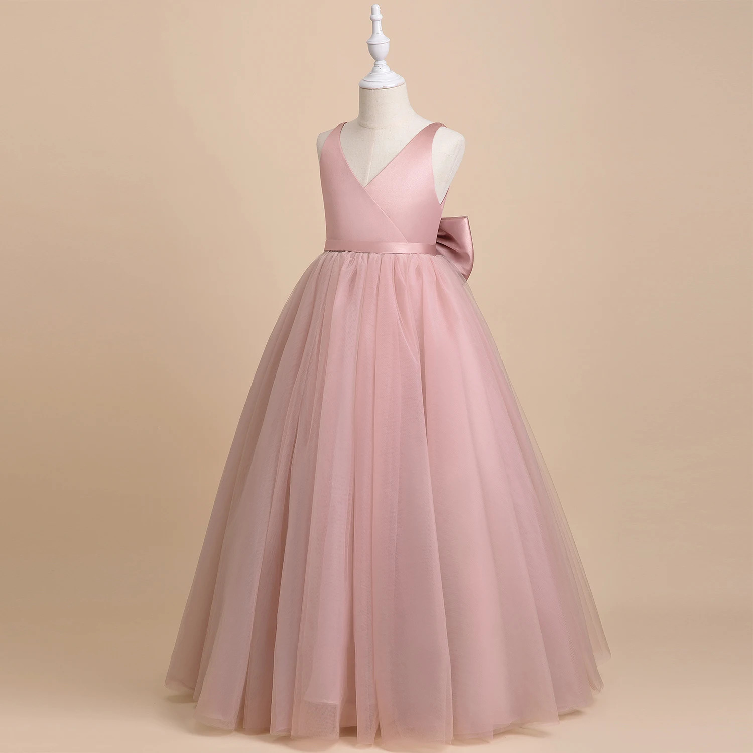 Elegant Girls Big Bow Dress Teen Girl White First Communion Ceremony Long Robe Clothing Kids Bridesmild Wedding V-Neck Vestidos 240407