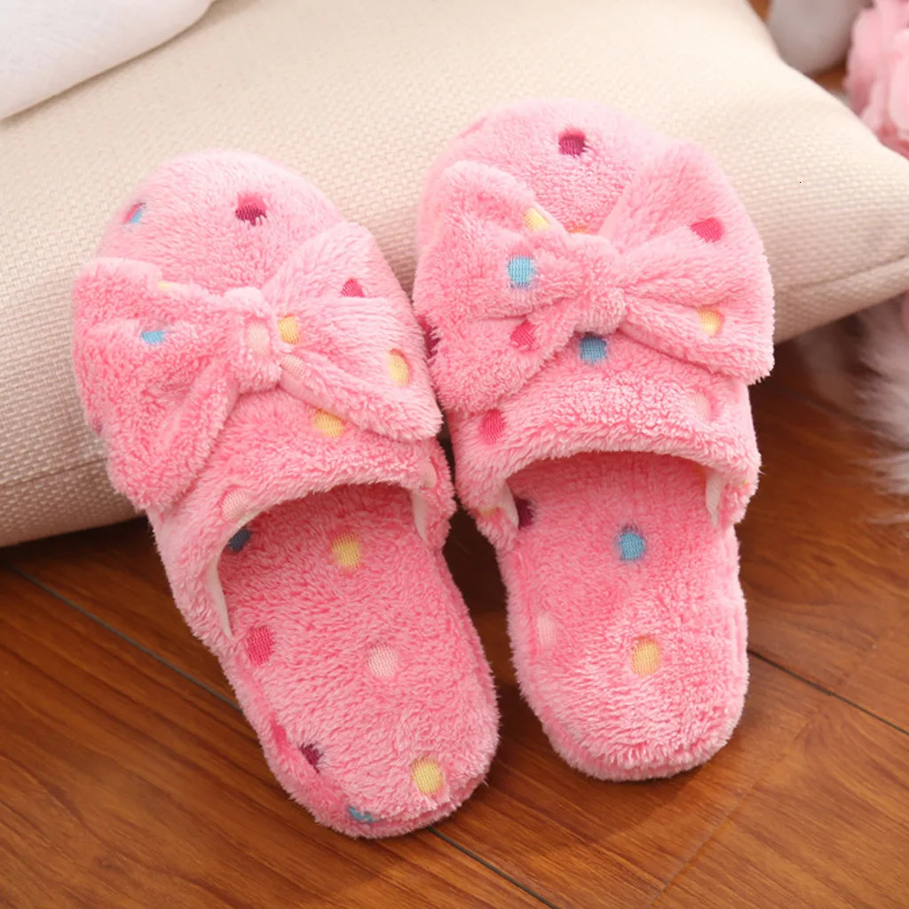 Womens Warm Home Slippers Cute Autumn Winter Bow Warmth Thick Plush NonSlip Leisure Shoes Soft Bedroom Floor Flat Slides 241115