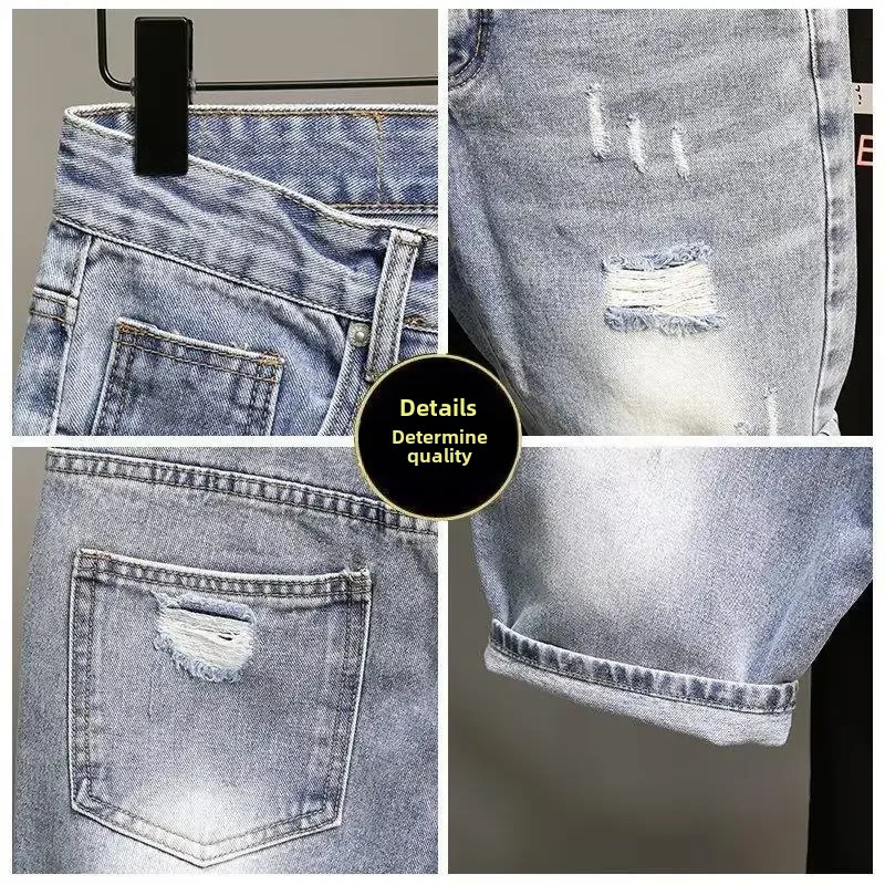 Trendy Blue Denim Shorts For Men Casual Style Slim Fit Korean Version Ripped Pockets Summer Lightweight Trousers 241115