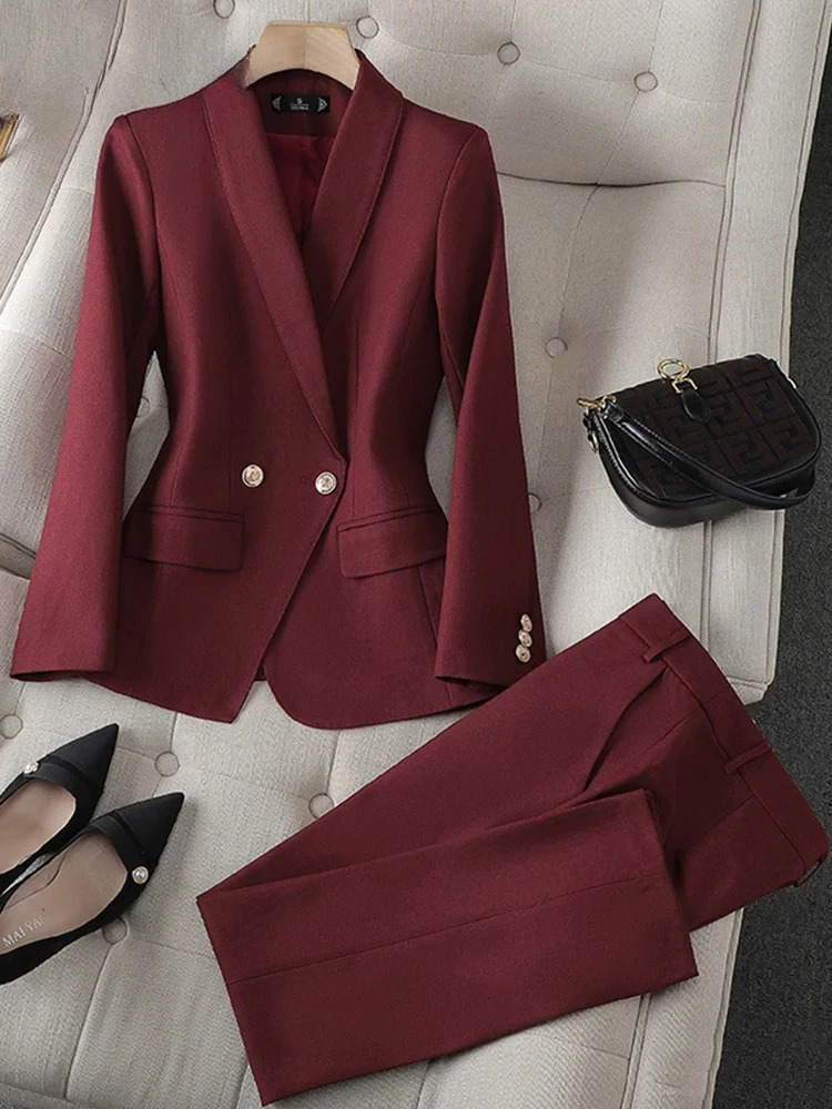 Yitimuceng Office Wear Womens Set Double Chest Collar Fashion Long Sleeve JacketClassic Solid Pants 241115