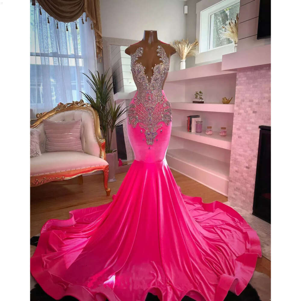 Hot Dia Pink Prom Dresses For Black Girls Veet Beads Party Gowns Mermaid Evening Dress Vestidos De Gala