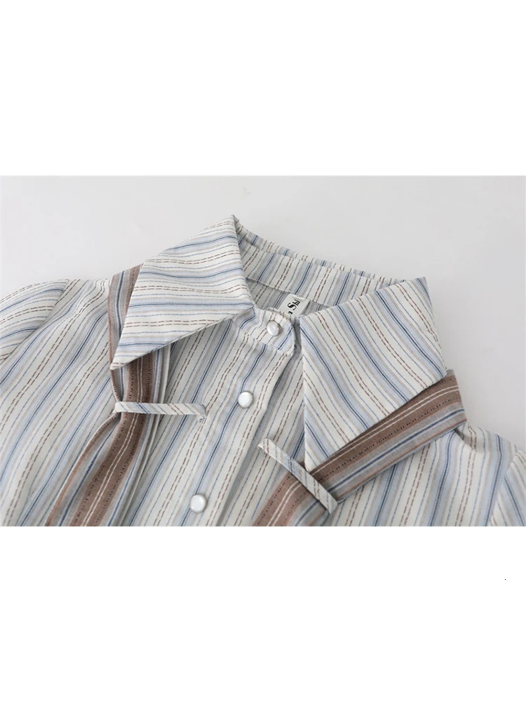 Autumn womens retro preparatory style 2000s aesthetic striped shirt with tie long sleeves crop top Y2k streetwear 241115