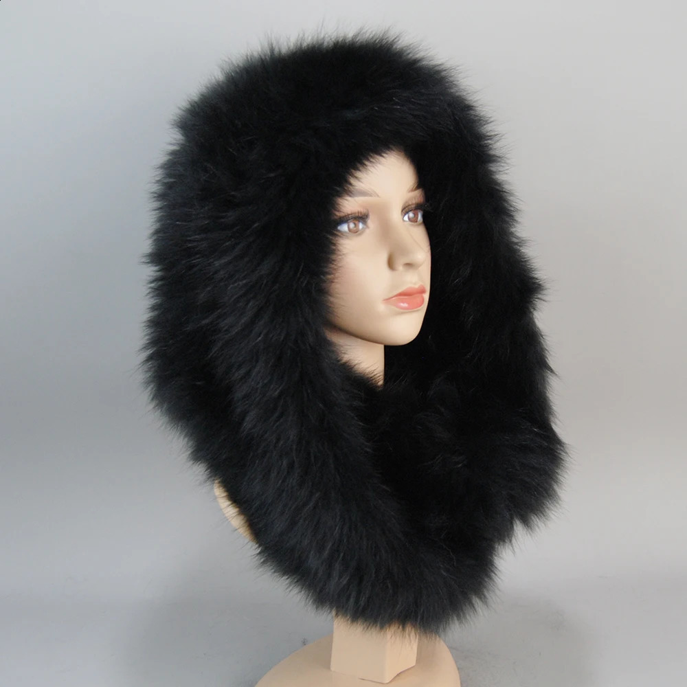 2024 Fashion Lady Real Fur Hat Scarf Winter Warm Fluffy Natural Hats Scarve Knitted Genuine Hooded Muffle 241116