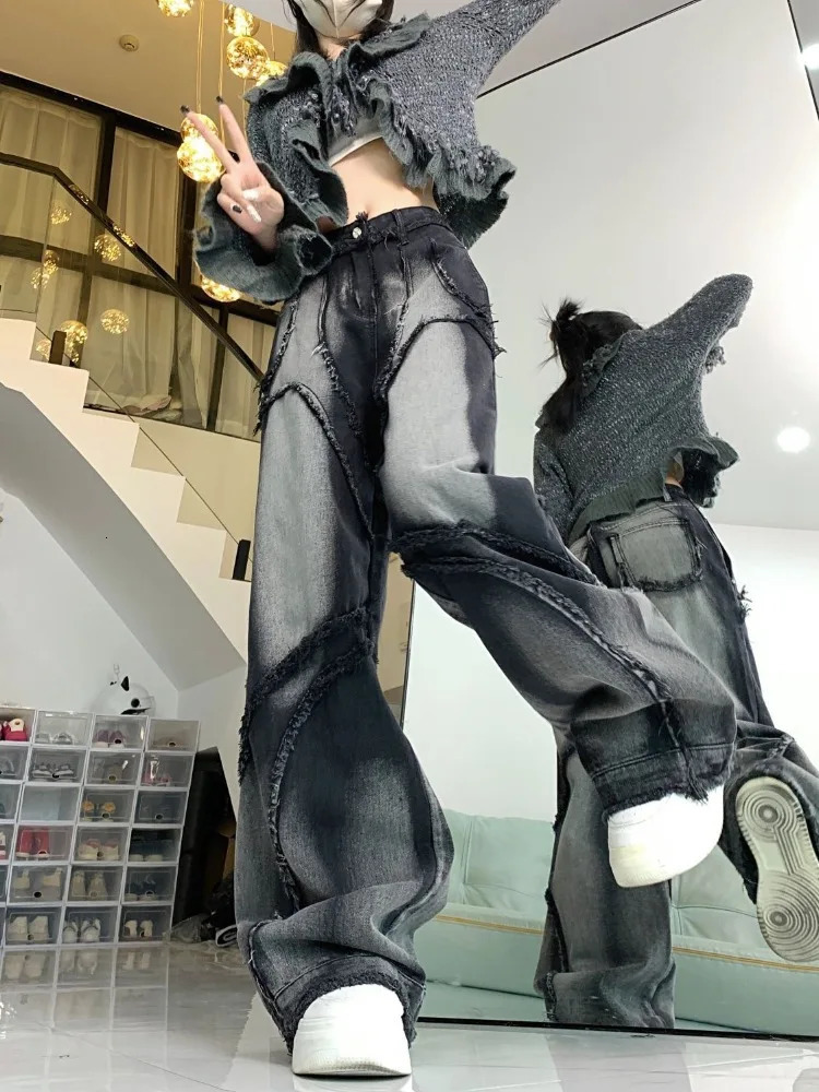 HOUZHOU Y2K Wide Leg Jean Hip Hop Style Fashion Vintage Streetwear Black High Waist Female Trouser Baggy Denim Pants 241108