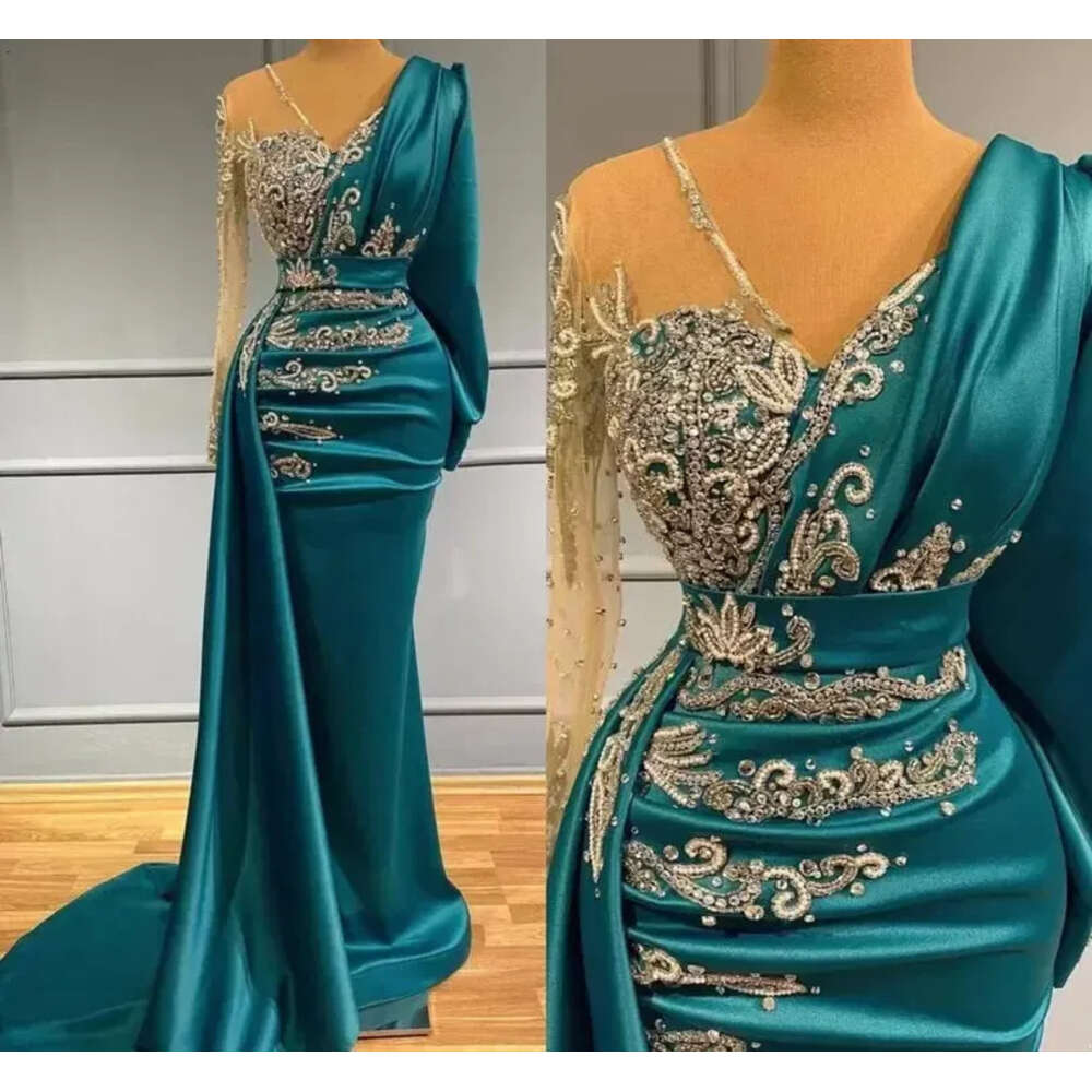 Sleeve Long Prom Evening Dresses Formal Ocn Wear Gold Appliques Beads Hunter Sheer Neck Arabic Robe De Soriee BC
