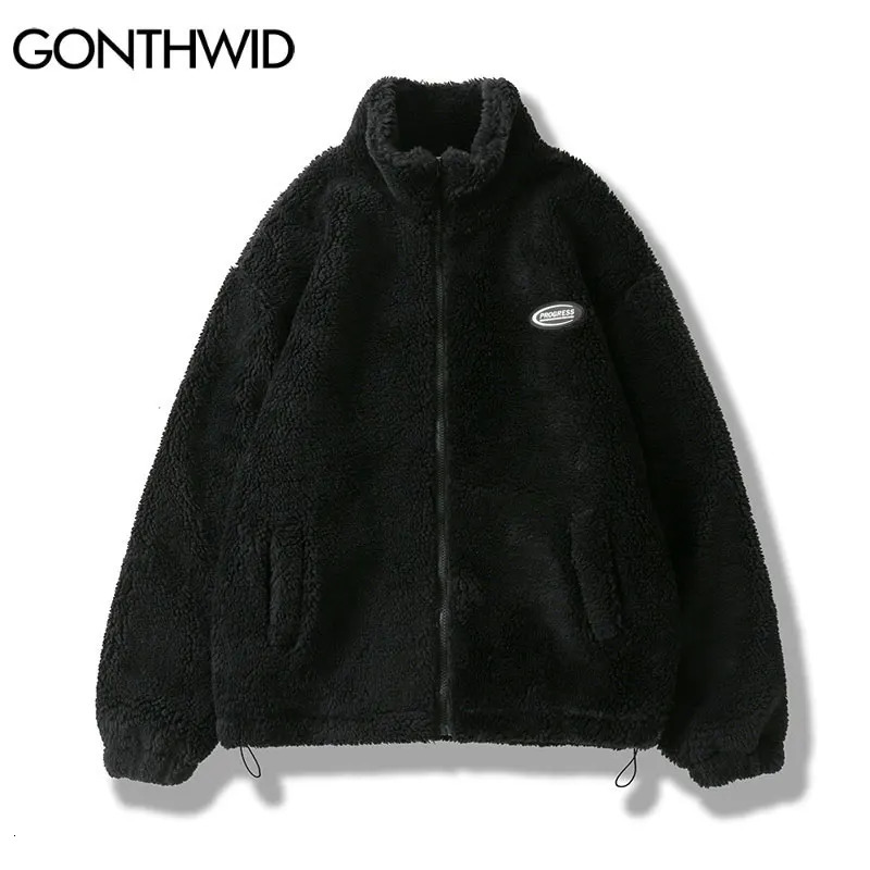 Hip Hop Winter Fleece Fluffy Jacket Streetwear Harajuku Fuzzy Zipper Coat Men Autumn Solid Color Lightweight Jackets Black Beige 241108